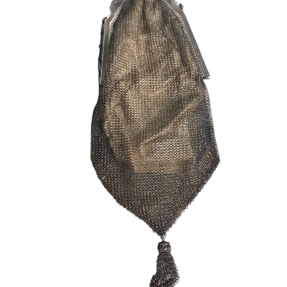 Antique 1900s Art Deco Whiting‎ & Davis Purse Soldered Mesh Tassel Inside Mirror - Picture 6 of 16